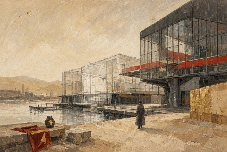 Ilustração de um pavilhão contemporâneo de vidro e concreto em paisagem chinesa