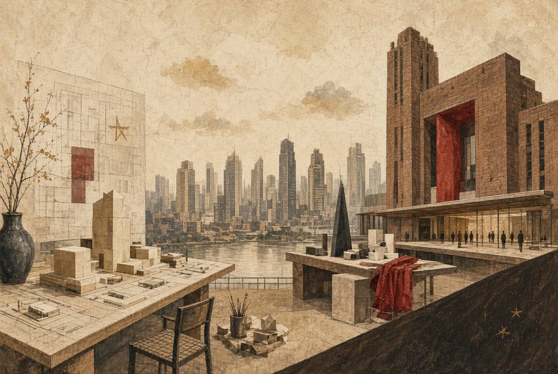 Ilustração de uma mesa de projeto com maquetes de arquitetura diante de uma orla urbana chinesa
